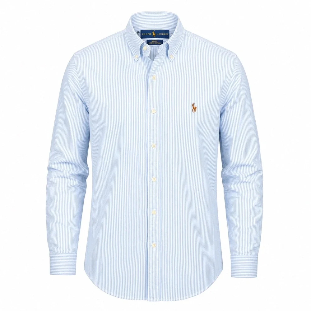 Ralph Lauren 2XL Blue Stripe Stretch Oxford Shirt Slim Fit Preppy Casual Coastal